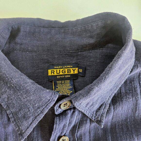 Ralph Lauren Rugby Sz W12 Button up Long Line Over shirt Epaulettes Navy - Picture 10 of 10